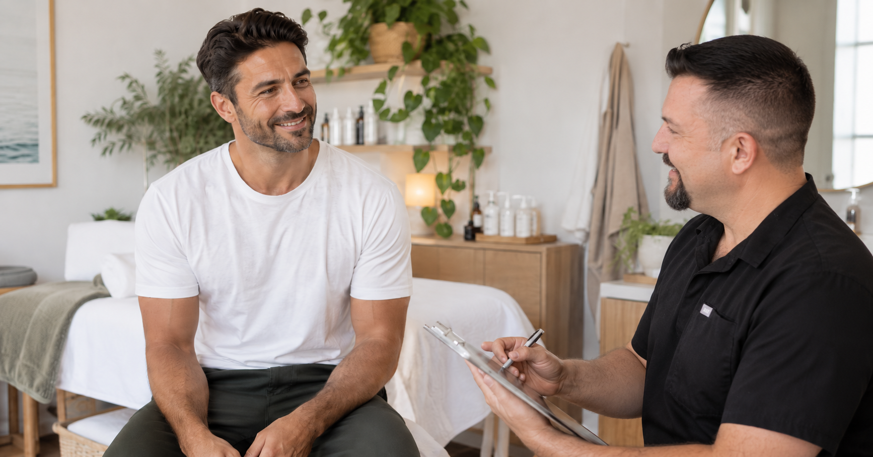 Male client discussing Brazilian waxing with a professional at Palmer Aesthetics in Tampa